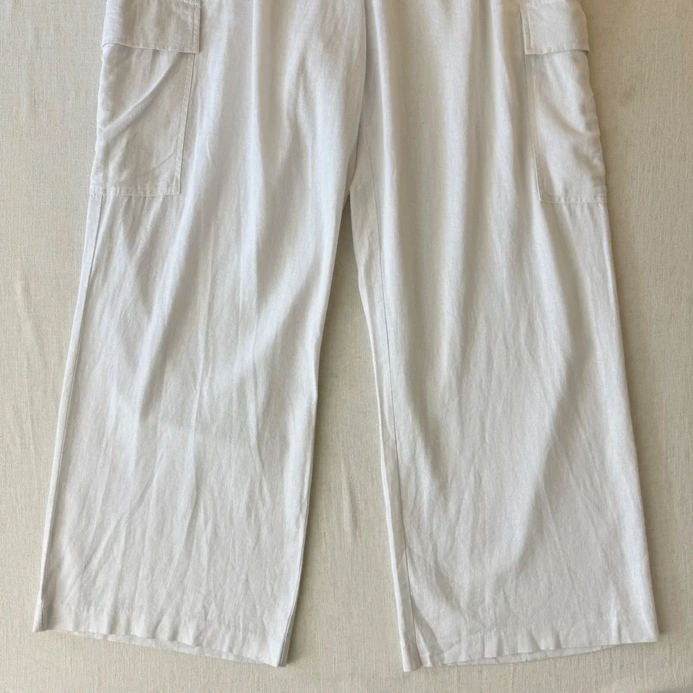 Ellen Tracy Linen Blend High Rise Cargo Pants Womens XL White